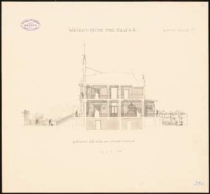 Wohnhausgruppe, Halle/Saale Monatskonkurrenz April 1884 (wahrscheinlich Originalzeichnung): Querschnitt durch das mittlere Wohnhaus 1:100