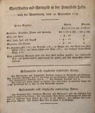 Sperrstunden und Sperrgeld in der Hauptstadt Fulda nach der Verordnung vom 19. September 1778.