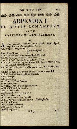 Adpendix I. De Notis Romanorum Sive Siglis Maxime Memorabilibus.