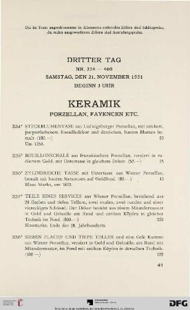 Dritter Tag: Samstag, den 21. November 1931, Beginn 3 Uhr (Nr. 334-490)