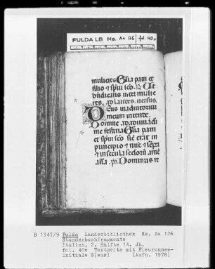 Stundenbuchfragmente — Initiale D (eus), Folio 40 verso