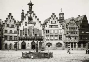 Frankfurt am Main, Römer : Frankfurt (Main). Römer, Ansicht mit Gerechtigkeitsbrunnen vom Römerberg