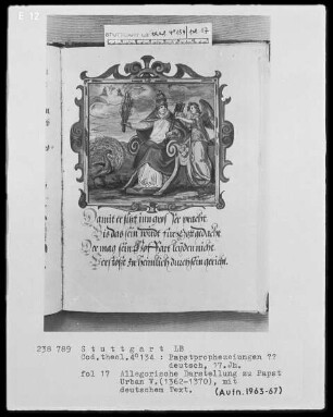 Flugschrift mit Illustrationen aus den Papstprophezeiungen mit antipäpstlichen Spottversen — Allegorische Darstellung zu Papst Urban 5. (1362-1370), Folio 17recto