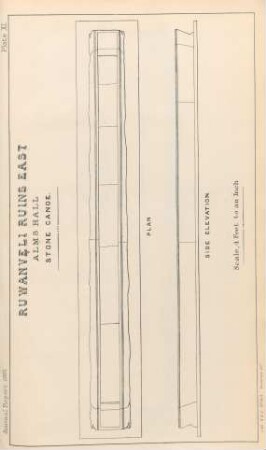 Plate XI. Ruwanveli Ruins East. Alms Hall. Stone Canoe. Plan. Side elevation