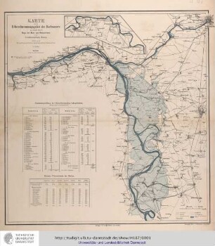 Karte über das Überschwemmungsgebiet des Hochwassers im Winter 1882/83 längs des Main- und Rheinstromes in dem Großherzogtum Hessen. Gefertigt von der Großherzogl. Landescultur-Inspection. Maßstab 1 : 100.000. Darmstadt: Bergsträsser, [ca. 1885].