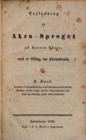 Vejledning til Akra-Sproget på Kysten Guinea, med et Tillaeg om Akvambuisk
