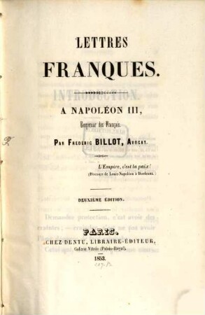 Lettres franques : A Napoléon III, Empereur des Français