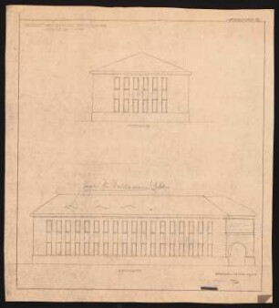 Verwaltungsgebäude, Römergrube bei Rybnik: Vorschlag B, 2 Ansichten N und W 1:100