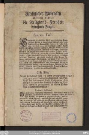 Rechtliches Bedencken über drey wichtige die Religions-Freyheit betreffende Fragen.