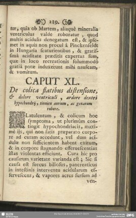 Caput XL. De colica flatibus distensione, & dolore ventriculi, ardore dextri hypochondrij, tinnitu aurium, ac genarum rubore
