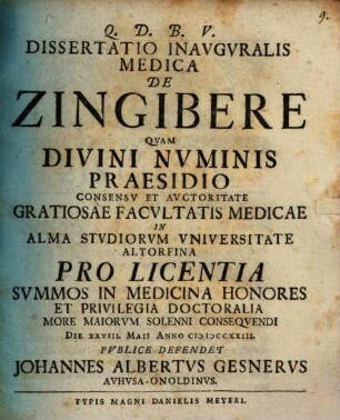 Dissertatio Inavguralis Medica De Zingibere