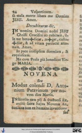 Novena Seu Modus colendi D. Antonium Patavinum per novem dies Martis.