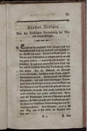 Fünfter Diskurs. Von der künstlichen Vermehrung der Bienen durch Ableger