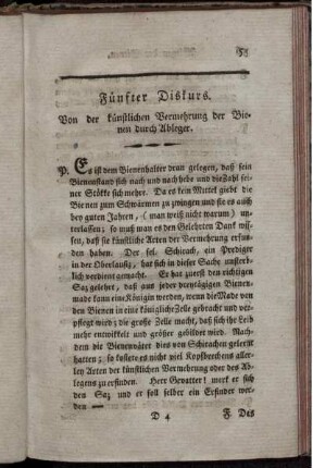 Fünfter Diskurs. Von der künstlichen Vermehrung der Bienen durch Ableger