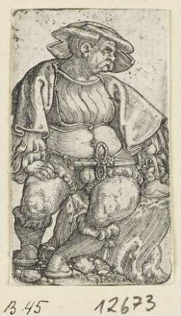 Landsknecht sitzt auf einem Baumstumpf