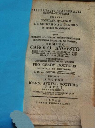 Dissertatio Inauguralis Medico-Chirurgica Sistens Cogitata Quaedam De Scirrho Ac Cancro In Specie Mammarum