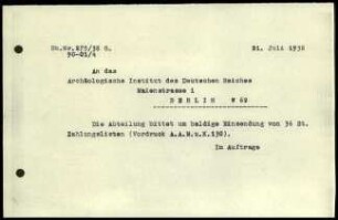 Schreiben (Abschrift); DAI Athen an AIDR (Zahlungslisten)