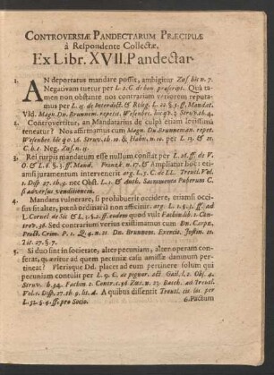 Controversiae Pandectarum Praecipuae a Respondente Collectae. Ex Libr. XVII. Pandectar.