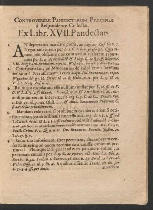 Controversiae Pandectarum Praecipuae a Respondente Collectae. Ex Libr. XVII. Pandectar.