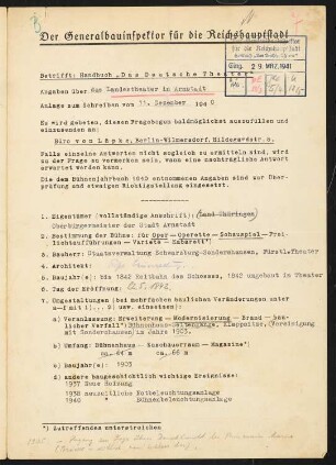 Hoftheater, Arnstadt: Fragebogen für das Handbuch »Das Deutsche Theater«, vierseitiges Dokument