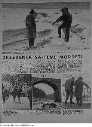 Reproduktion einer Zeitungsseite der Arbeiter Illustrierten Zeitung (?) "Dresdener SA-Feme mordet!" unter Verwendung von Fotos von O. Reimann, Ortsgruppe Dresden