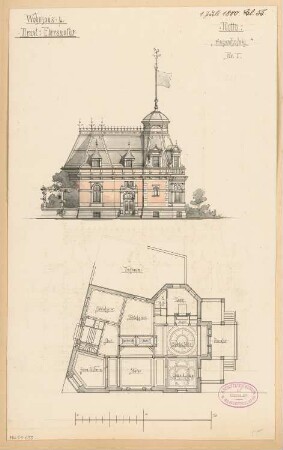 Wohnhaus, Eberswalde Monatskonkurrenz Juli 1880: Grundriss Erdgeschoss, Aufriss Straßenansicht; Maßstabsleiste