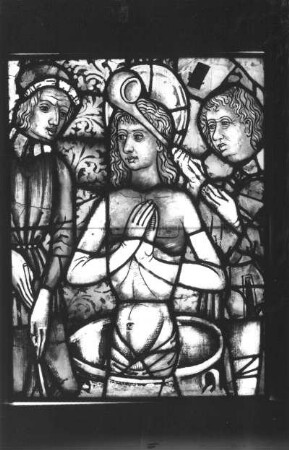 Wohl Szene aus der Nikolauslegende : Bad Wilsnack. Pfarrkirche St. Nikolai, Fenster n VIII 7 e. Wohl Szene aus der Nikolauslegende. Glasmalerei. 1459/60, niederländisch. Ausschnitt: Jüngling im Bad. Aufnahme nach der Restaurierung