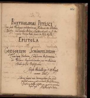 [Brief an Bartholomäis Pitiscus an Gregor Schönfeld (1606)]