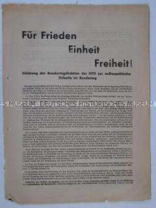 Flugblatt mit dem Wortlaut einer Erklärung der KPD-Bundestagsfraktion zur Außenpolitik