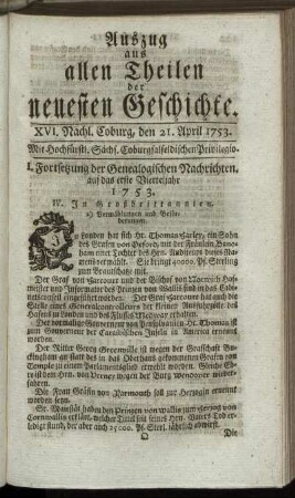 XVI. Nachlese. Coburg, den 21. April. 1753.