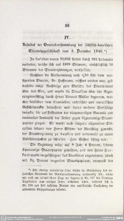 IV. Resultat der Generalversamlung der sächsisch-bayrischen Eisenbahngesellschaft vom 3. December 1846