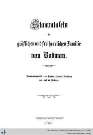 Stammtafeln der gräflichen und freiherrlichen Familie von Bodman: Geschichte der Freiherren von Bodman