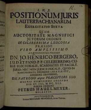 Positionum Juris Lauterbachianarum Exercitatio Sexta
