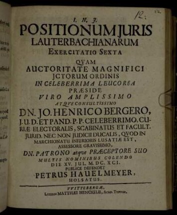 Positionum Juris Lauterbachianarum Exercitatio Sexta