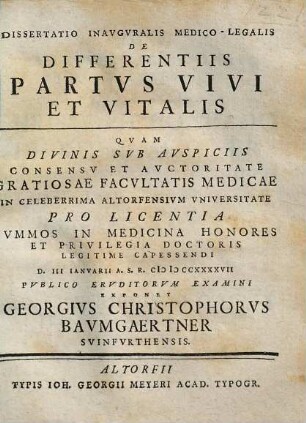 Dissertatio Inavgvralis Medico-Legalis De Differentiis Partvs Vivi Et Vitalis