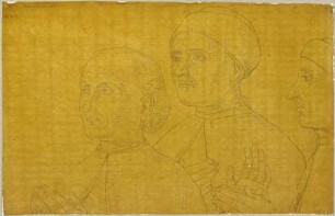 Drei Männerköpfe, darunter Giovanni Santi und sein Bruder (?), Detail aus einem Gemälde von Giovanni Santi in der Bruderschaftskirche San Sebastiano (?) in Urbino, das Martyrium des Heiligen Sebastian darstellend, heute in der Galleria Nazionale dell...