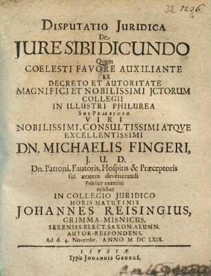 Disputatio Iuridica De Iure Sibi Dicundo