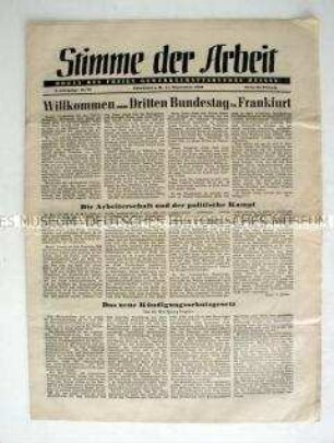 Halbmonatszeitung der Freien Gewerkschaftsbundes Hessen "Stimme der Arbeit" u.a. zum neuen Kümdigungsschutzgestz