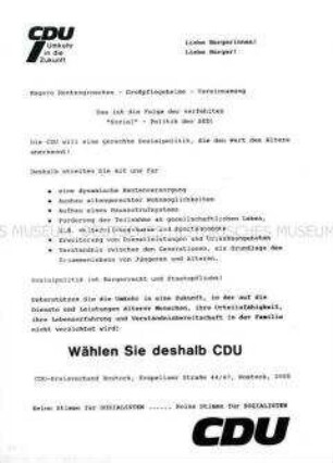 Flugblatt des CDU-Kreisverbandes Rostock zur Sozialpolitik