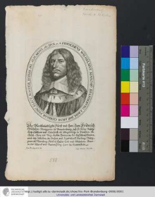 Der Durchleuchtigste Fürst und Herr/ Herr Friderich Wilhelm/ Marggrav zu Brandenburg/ deß H. Röm. Reichs Ertz Cäm[m]erer und Churfürst/ zu Magdeburg/ in Preußen/ zu Gülch/ Cleve und Berg/ Stettin/ Pommern/ der Cassuben, Wenden, auch inn Schlesien/ zu Crossen/ und Jägerndorff Hertzog/ Burggrav zu Nürnberg/ Fürst zu Halberstatt und Münden/ Grav zu der Marck und Ravensburg/ Herr zu Ravenstein / Fridericvs Wilhelmvs, Marchio Brandebvrg. S. Rom. Imp. Archi Camerar. Princ. Elect. Magdeb. Borvss. Ivl. Cliv. Mont. etc. Dvx etc. / Cum Privileg. S.C.M. Casp. Merian Excudit