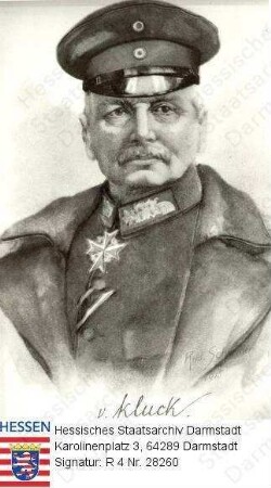 Kluck, Alexander v. (1846-1934) / Porträt in Uniform, Brustbild mit faks. Unterschrift