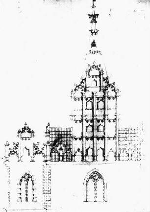 Dessau, ehem. Schloss- und Stadtpfarrkirche St. Marien, Entwurf zum Westturm, Hauptbau Ulrich von Schmiedeberg 1506-1523; Einwölbung 1540/41 Melchior Wilde und Ludwig Binder; Westturm von Ludwig Binder 1551-1554; Kirche heute Konzerthalle