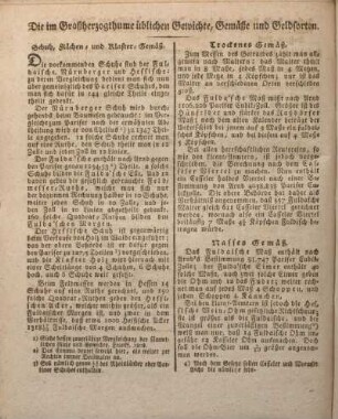 Die im Großherzogthume üblichen Gewichte, Gemäße und Geldsorten.
