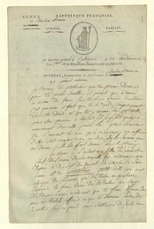 Brief von Jean-Baptiste Jourdan an François-Séverin des Graviers Marceau