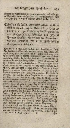 Sebastian Castellio, öffentlichen Lehrers der griechischen Sprache auf der Universität zu Basel, Lebensgeschichte.