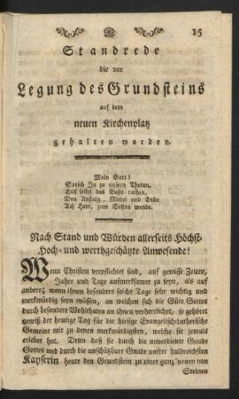 Standrede die vor Legung des Grundsteins auf dem neuen Kirchenplatz gehalten worden.
