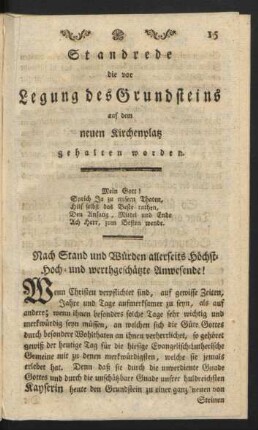Standrede die vor Legung des Grundsteins auf dem neuen Kirchenplatz gehalten worden.
