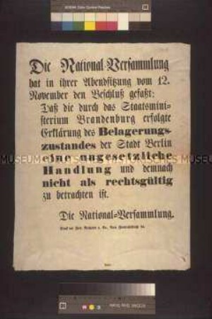 Maueranschlag: Die Nationalversammlung erklärt den Belagerungszustand der Stadt Berlin für ungesetzlich und für nicht rechtsgültig; undatiert