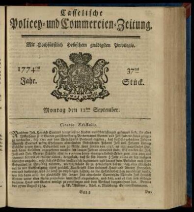 37tes Stueck, Montag den 12ten September 1774