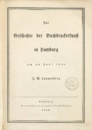 Zur Geschichte der Buchdruckerkunst : in Hamburg am 24. Juni 1840 ; mit Holzschnitt-Illustr.